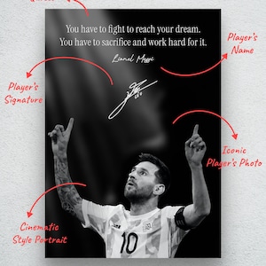 May include: Black and white poster featuring a portrait of Lionel Messi, with his signature and a motivational quote. The poster includes the text "You have to fight to reach your dream. You have to sacrifice and work hard for it."