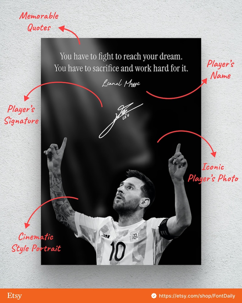 May include: Black and white poster featuring a portrait of Lionel Messi, with his signature and a motivational quote. The poster includes the text "You have to fight to reach your dream. You have to sacrifice and work hard for it."