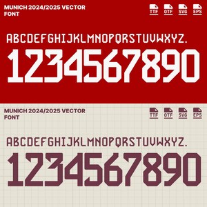Könnte beinhalten: Ein weißer und kastanienbrauner Schriftsatz mit dem Text "MUNICH 2024/2025 VECTOR FONT" und den Buchstaben A bis Z sowie den Zahlen 1 bis 9.