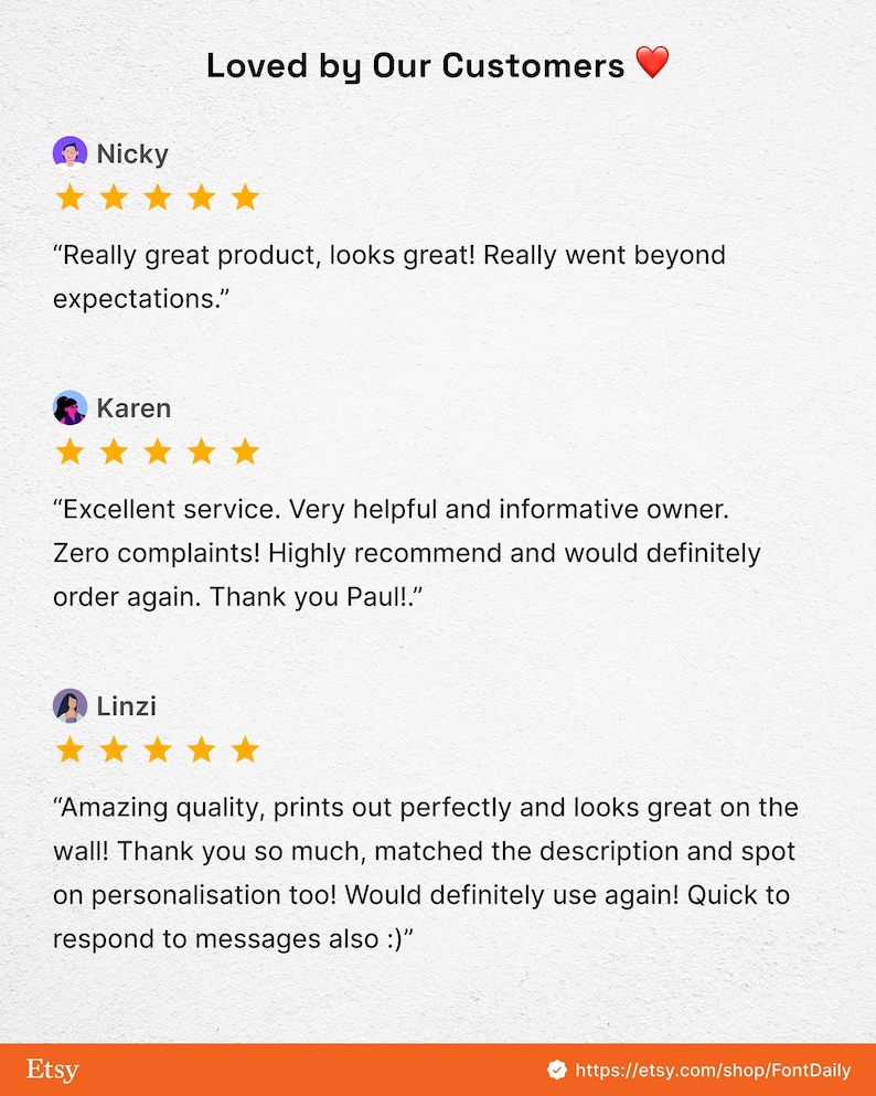 May include: Image of customer reviews with five-star ratings and positive comments. The text includes phrases like "Really great product" and "Excellent service." The Etsy shop name and URL are visible at the bottom.