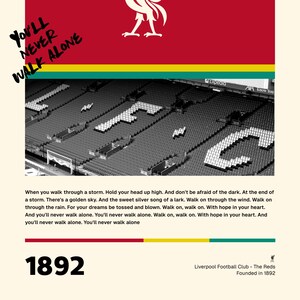 Liverpool FC Digital Download Poster: High-quality Liverpool FC poster available for digital download, featuring the iconic logo, Anfield stadium, and "You'll Never Walk Alone" slogan, perfect for printing and framing at home.