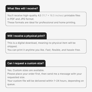 May include: A digital download FAQ graphic with the title "FREQUENTLY ASKED QUESTIONS #1". The graphic answers questions about file formats, physical prints, and custom sizes. The A3 size is 11.7 x 16.5 inches. The Etsy shop URL is visible at the bottom.