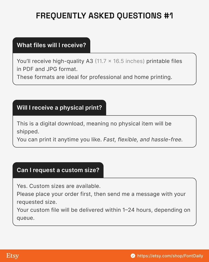 May include: A digital download FAQ graphic with the title "FREQUENTLY ASKED QUESTIONS #1". The graphic answers questions about file formats, physical prints, and custom sizes. The A3 size is 11.7 x 16.5 inches. The Etsy shop URL is visible at the bottom.