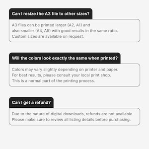 May include: A graphic with the title "FREQUENTLY ASKED QUESTIONS #2" in black text. The graphic answers questions about resizing A3 files, color variations in printing, and refund policies for digital downloads. The Etsy shop URL is included.