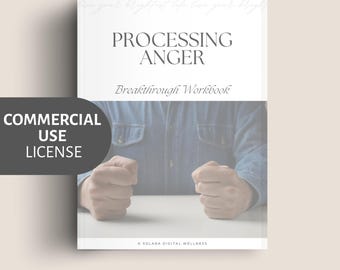 May include: A white book titled "PROCESSING ANGER" with the subtitle "Breakthrough Workbook." The cover features a person's arms and fists. The words "COMMERCIAL USE LICENSE" are on the left side. The words "breakthrough workbook" are at the bottom.