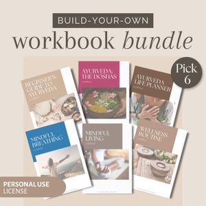 Könnte beinhalten: Eine Sammlung von Arbeitsbüchern mit Titeln wie "Anfängerleitfaden für Ayurveda", "Ayurveda: Die Doshas" und "Achtsames Atmen". Das Bild zeigt ein "Build-Your-Own Workbook Bundle" mit einer "Personal Use License".
