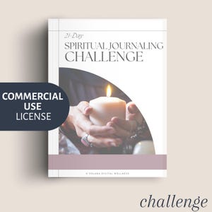 May include: A book cover with the text "21-Day Spiritual Journaling Challenge." The cover shows a lit candle held in cupped hands. A dark blue circle on the left side reads "Commercial Use Licence."