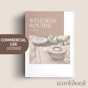 May include: A workbook titled "Wellness Routine" with a neutral color scheme. The cover features the title and the word "workbook" in a smaller font. The image on the cover shows two wooden candle holders with lit candles.