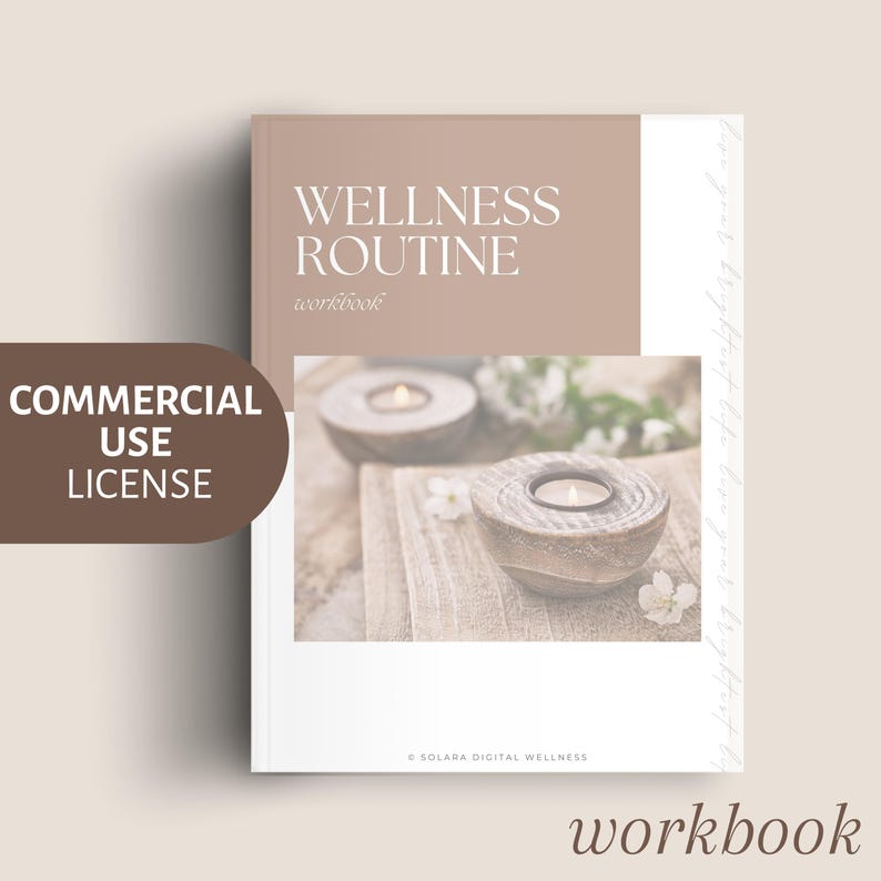 May include: A workbook titled "Wellness Routine" with a neutral color scheme. The cover features the title and the word "workbook" in a smaller font. The image on the cover shows two wooden candle holders with lit candles.