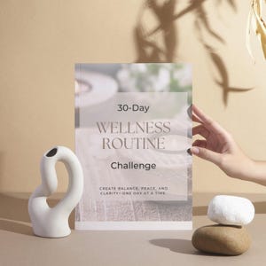 May include: A white ceramic vase with a unique, curved design stands next to a book titled "30-Day Wellness Routine Challenge." The book is held by a hand and is stacked with two stones. The text on the book cover reads "Create Balance, Peace, and Clarity - One Day at a Time."