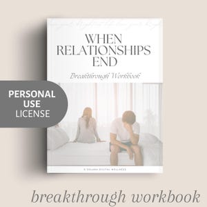 May include: A white workbook titled "When Relationships End" with the subtitle "Breakthrough Workbook." The cover features a couple on a bed, and the text "Personal Use License." The bottom of the image reads "breakthrough workbook."