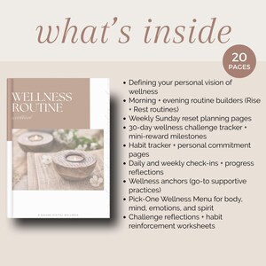 May include: A wellness routine workbook with a beige cover and the title "Wellness Routine" is displayed. The image includes a list of features, including habit trackers, wellness menus, and daily check-ins. The workbook has 20 pages.