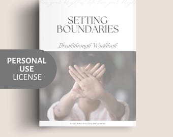 Może przedstawiać: Biały zeszyt zatytułowany "Setting Boundaries: Breakthrough Workbook" z tekstem "Personal Use License" na szarym okręgu. Okładka zawiera rozmyty obraz osoby ze skrzyżowanymi ramionami. Na dole książki widnieje napis "breakthrough workbook".