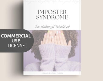 May include: A white workbook titled "Imposter Syndrome Breakthrough Workbook" with a person's hands covering their face. The person is wearing a light purple sweater. The workbook has the text "Live your brightest life, live your bright" at the top.