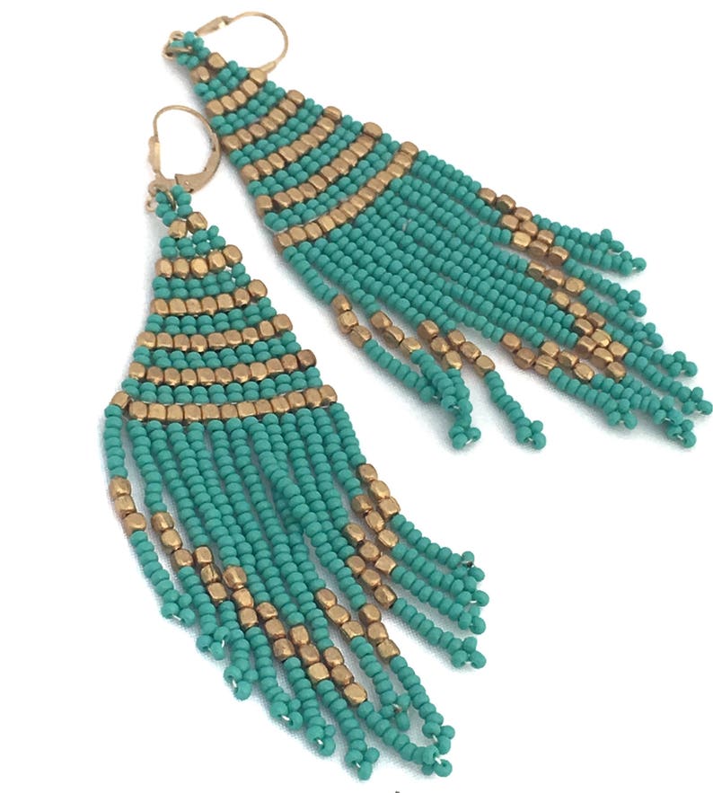 Turquoise and Gold Seed Bead Fringe Earrings | Etsy