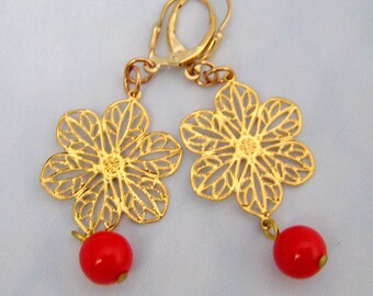 Gold Plated Filigree Flower Earrings with Vintage Red Lucite Dangles