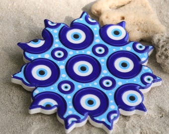 Nazar & Hamsa Eye Coaster, Round Ceramic, 10x10 cm, Gift Idea
