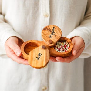 Premium Olive Wood Salt Cellar with Swivel Lid, Handmade Spice Box, Rustic Kitchen Storage, Natural Anniversary Cooking Gift