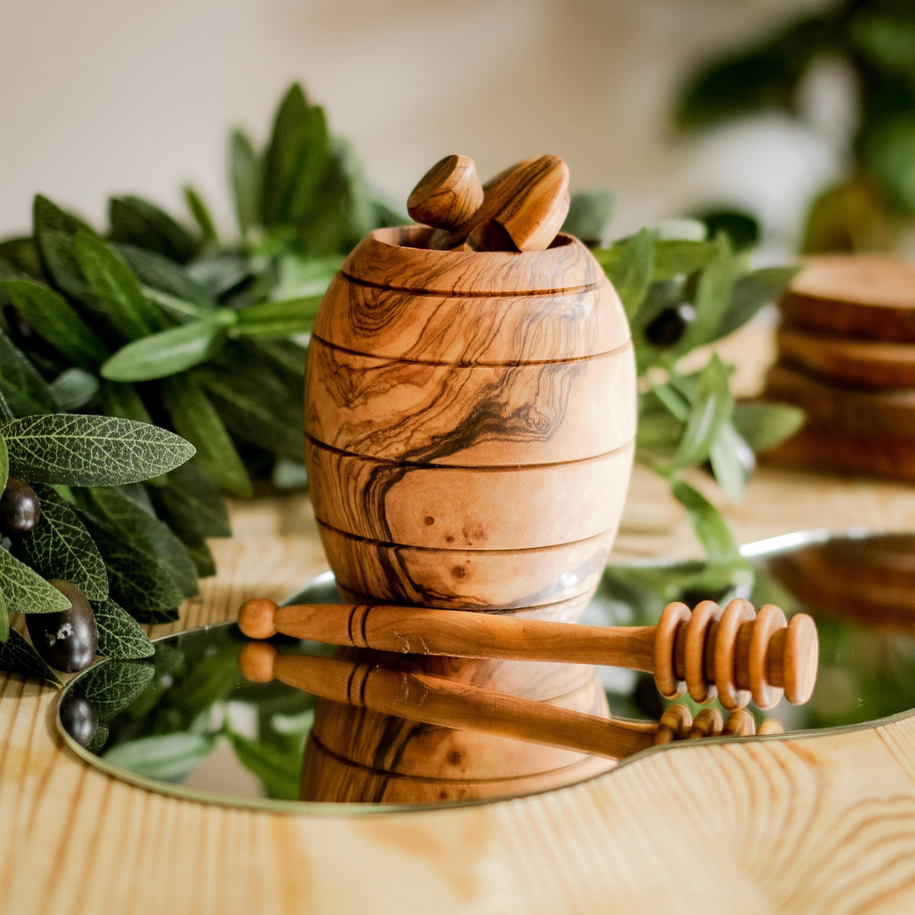 Premium Olive Wood Honey Jar with Dipper, Natural Honey Keeper & Syrup Storage, Rustic Kitchen Gift for Food Lovers