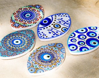 Ceramic Coaster with Nazar and Fatima’s Hand Design Small Decorative Gift for Home and Kitchen