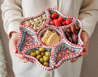 Set da portata in ceramica a forma di fiore, 8 pezzi, rosso, dipinto a mano, per spuntini, tapas e servizio elegante