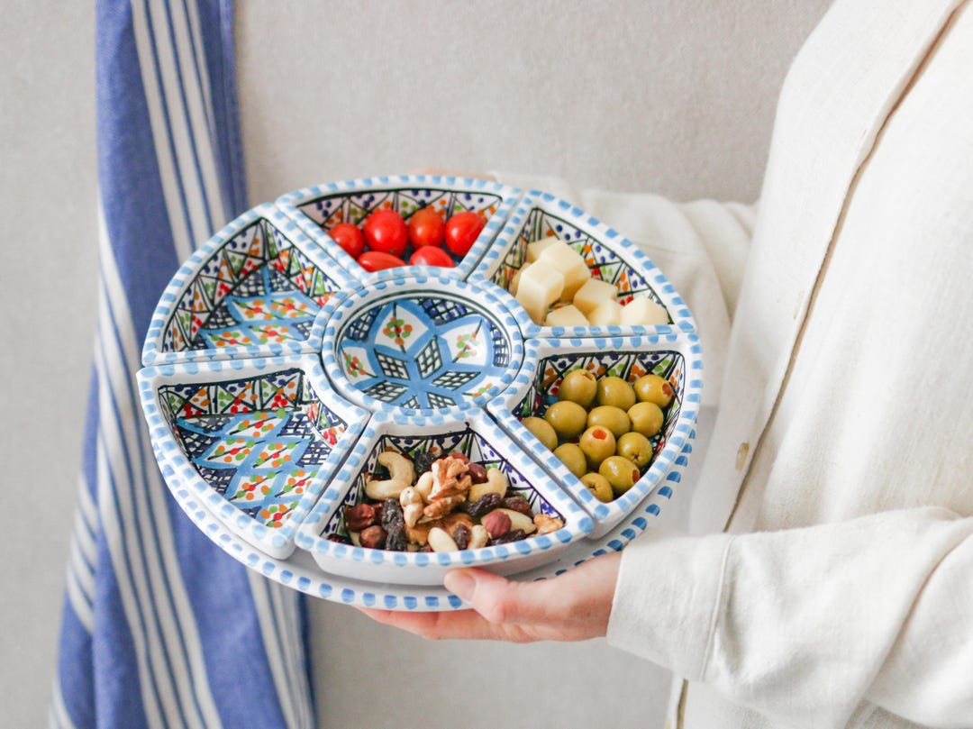 Colorful Ceramic Dipping Set – 8 Piece Handmade Rounded Tapas Tray with Bowls | Boho Serving Dish
