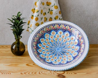 Large Deep Ceramic Soup Plate Hand Painted Tunisian Bowl for Couscous Rice Pasta Mediterranean Tableware Unique Handmade Gift