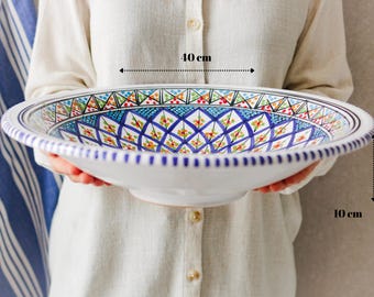 Plato de cerámica pintado a mano de 40 cm, cuenco mediterráneo extragrande de Túnez para pasta, cuscús, ensaladas y para servir en ocasiones festivas.