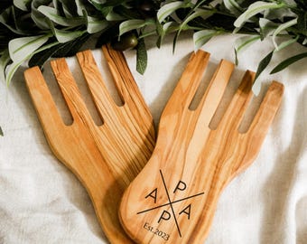 Personalized Olive Wood Salad Servers Set Custom Engraving Available Handmade Rustic Kitchen Utensils Tunisian Craft Gift Idea