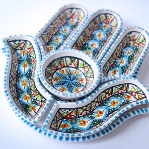 Fatima&#39;s Hand Ceramic Serving Set – 7-Piece Boho Appetizer Tray for Snacks & Dips | Handmade Tunisian Pottery Gift and Decor
