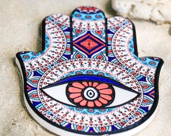 Ceramic Coaster with Hand of Fatima – Hamsa Nazar Design