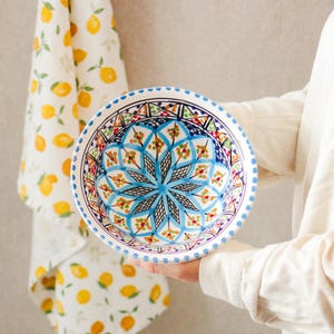 Handmade Tunisian Pottery Bowl – 20cm light-blue deep Ceramic Bowl for Pasta, Salad, Soup, Fruit | Decorative Mediterranean Serving Dish