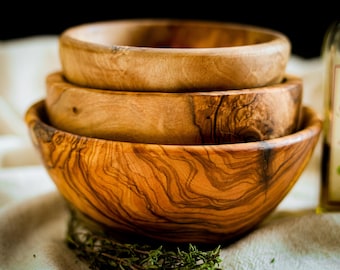 Handcrafted Olive Wood Bowl Set (3 Sizes) | Rustic & Multiuse | Fruit, Rice, Breakfast Set | Unique Artisan Gift