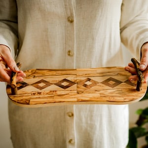 Olive Wood and Plywood Serving Tray with Handles Rustic Kitchen Accessory Unique Gift for Food Lovers