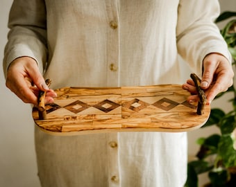 Handmade Olive Wood & Plywood Serving Tray with Handle, Rustic Breakfast, Coffee and Snack Board, Eco-Friendly Mediterranean Gift