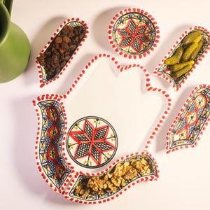 Ceramic Serving and Dipping Set 7-Piece Boho Chic Fatima&#39;s Hand Design Unique Gift for Home and Kitchen Decor