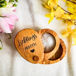 Personalized Olive Wood Salt Pepper Holder Gift Kitchen Double Spice Cellar Handmade Organizer Rustic Decor for Him Her Home