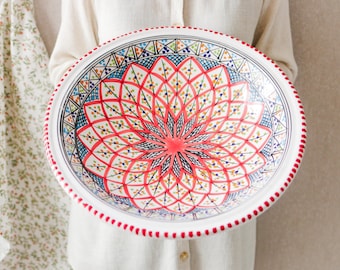 Extra Large 40cm Hand-Painted Tunisian Ceramic Serving Plate, Red & White Mediterranean Bowl for Pasta, Couscous, Salads and Fruit Gift