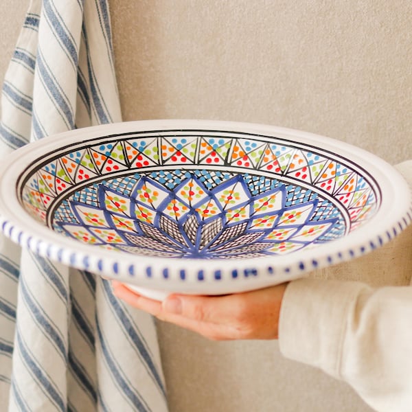 Hand-Painted Large Ceramic Soup & Serving Bowl – Tunisian 32 cm Deep Dish for Couscous, Pasta and Salads | Mediterranean Handmade Gift