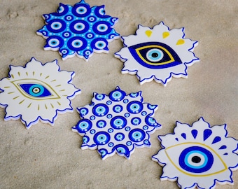 Ceramic Coaster Set (5 pcs) – Nazar & Hamsa Design, Coffee Gift