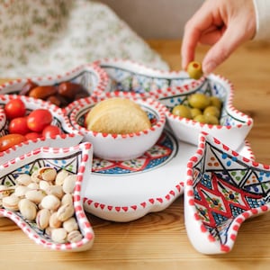 Flower Shaped Ceramic Serving Set 8 Piece Hand Painted Mediterranean Dishware for Dips Snacks Appetizers Rustic Entertaining Gift