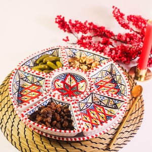 Handbemaltes Keramik Servier-Set (8-teilig) – Tapas-Platte & Dip-Schälchen für Snacks, Dips und Vorspeisen | Mediterraner Stil
