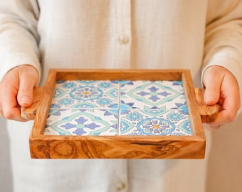 Square Olive Wood Serving Tray with Mosaic Ceramic Tiles, Rustic Tray with Handles,  Handmade Tunisian Kitchen & Coffee Table Decor Gift