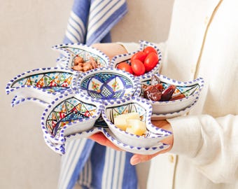 Set da portata in ceramica dipinta a mano da 8 pezzi, ciotole per tapas e snack a forma di stella per salse, formaggi e antipasti, regalo mediterraneo unico