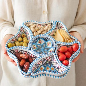 8 Piece Mediterranean Ceramic Serving Set Flower Shaped Hand Painted Plates for Dips Snacks Appetizers Unique Rustic Tableware Gift