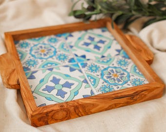 Square Olive Wood Serving Tray with Mosaic Ceramic Tiles, Rustic Tray with Handles,  Handmade Tunisian Kitchen & Coffee Table Decor Gift