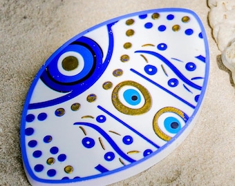 Ceramic Coaster with Nazar and Hand of Fatima, Evil Eye Protection Gift, Small Decorative Plate for Kitchen & Home Decor