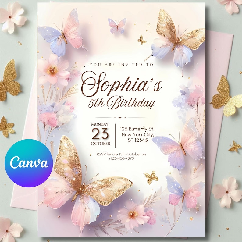 Puede incluir: Una invitaci&oacute;n de cumplea&ntilde;os rosa y morada con una mariposa de purpurina dorada y el texto "Est&aacute;s invitado a la fiesta de cumplea&ntilde;os de Sophia, 5 a&ntilde;os". La invitaci&oacute;n tambi&eacute;n incluye la fecha "Lunes, 23 de octubre" y la direcci&oacute;n "123 Butterfly St., New York City, ST 12345".