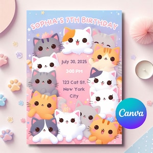 Cat Invitation, kawaii kitty invitation, kawaii cat, kitty birthday party, girl birthday invites, Birthday invitation, Party Favors