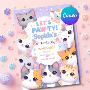 Cat Invitation, kawaii kitty invitation, kawaii cat, kitty birthday party, girl birthday invites, Birthday invitation, Party Favors